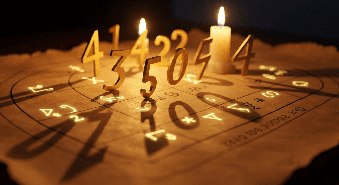 Golden numbers floating above ancient parchment candlelight. Golden numbers floating above ancient parchment candlelight.