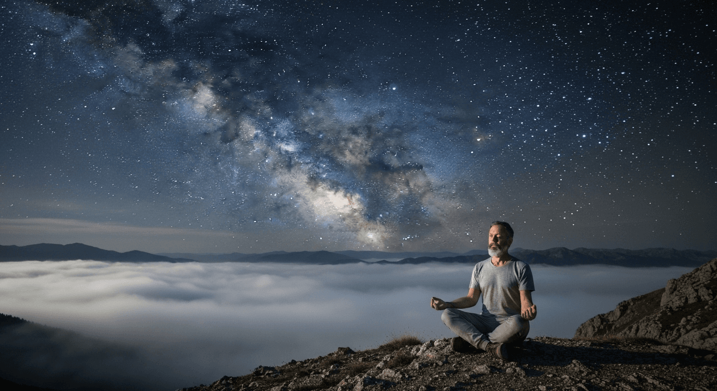 Lone figure meditating on moonlit mountaintop. Lone figure meditating on moonlit mountaintop.