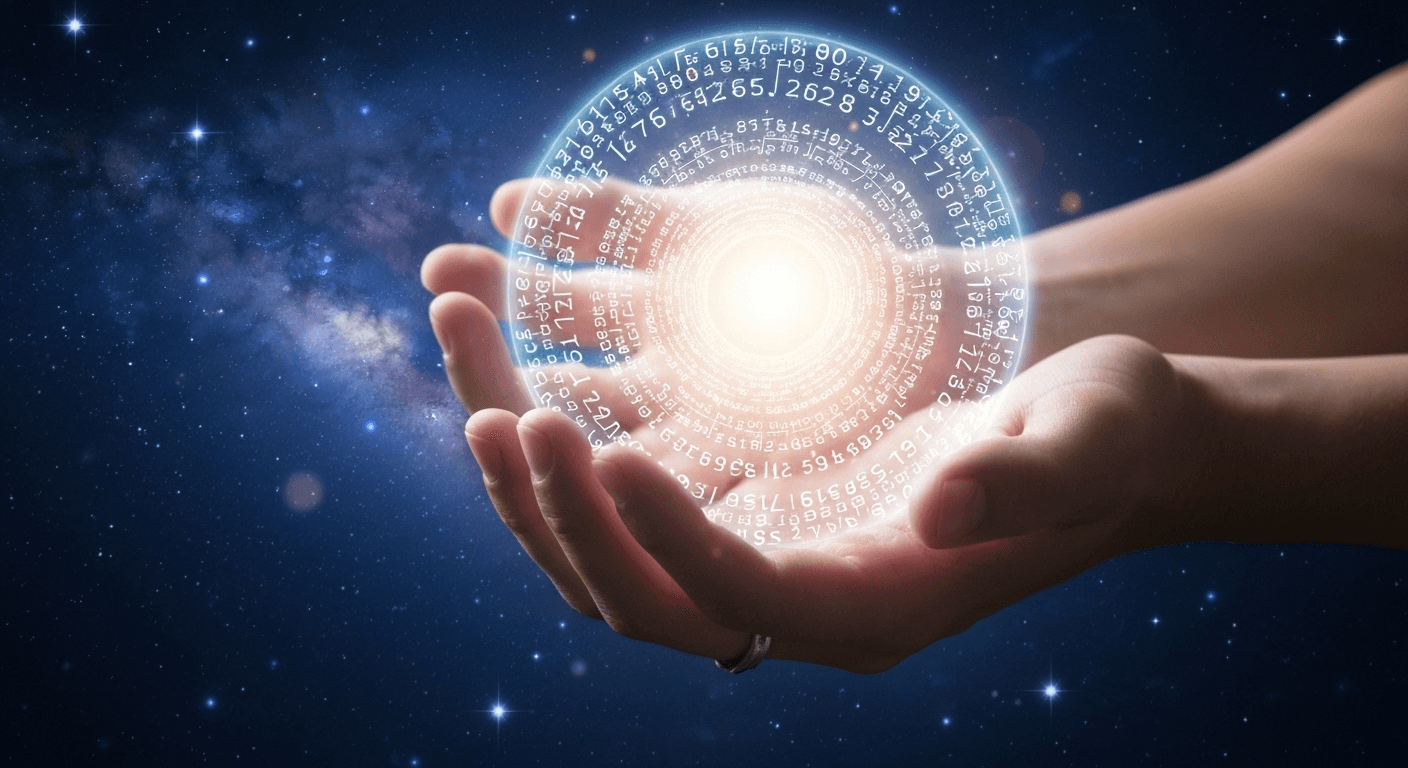 Hands cupping glowing orb with mathematical patterns. Hands cupping glowing orb with mathematical patterns.
