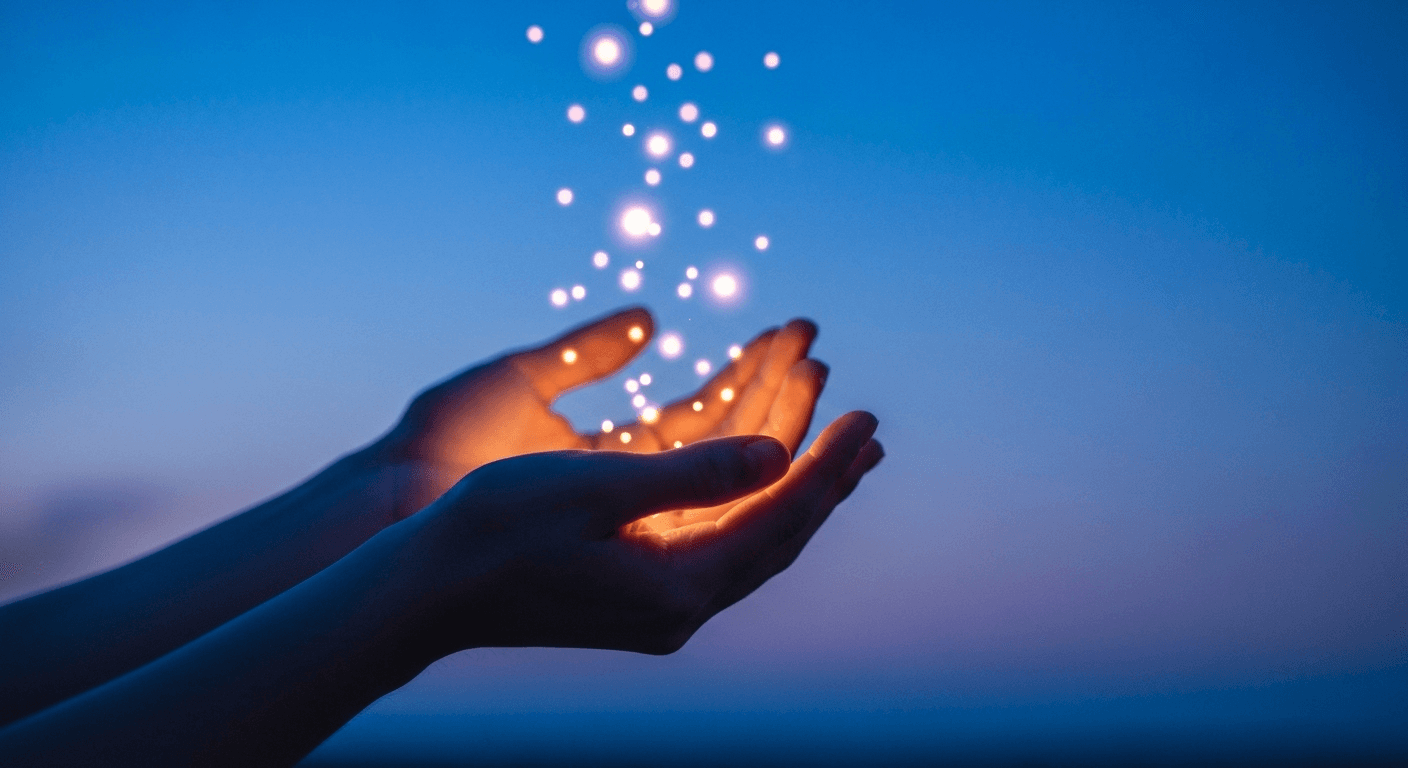 Hands cupping glowing particles against twilight sky. Hands cupping glowing particles against twilight sky.