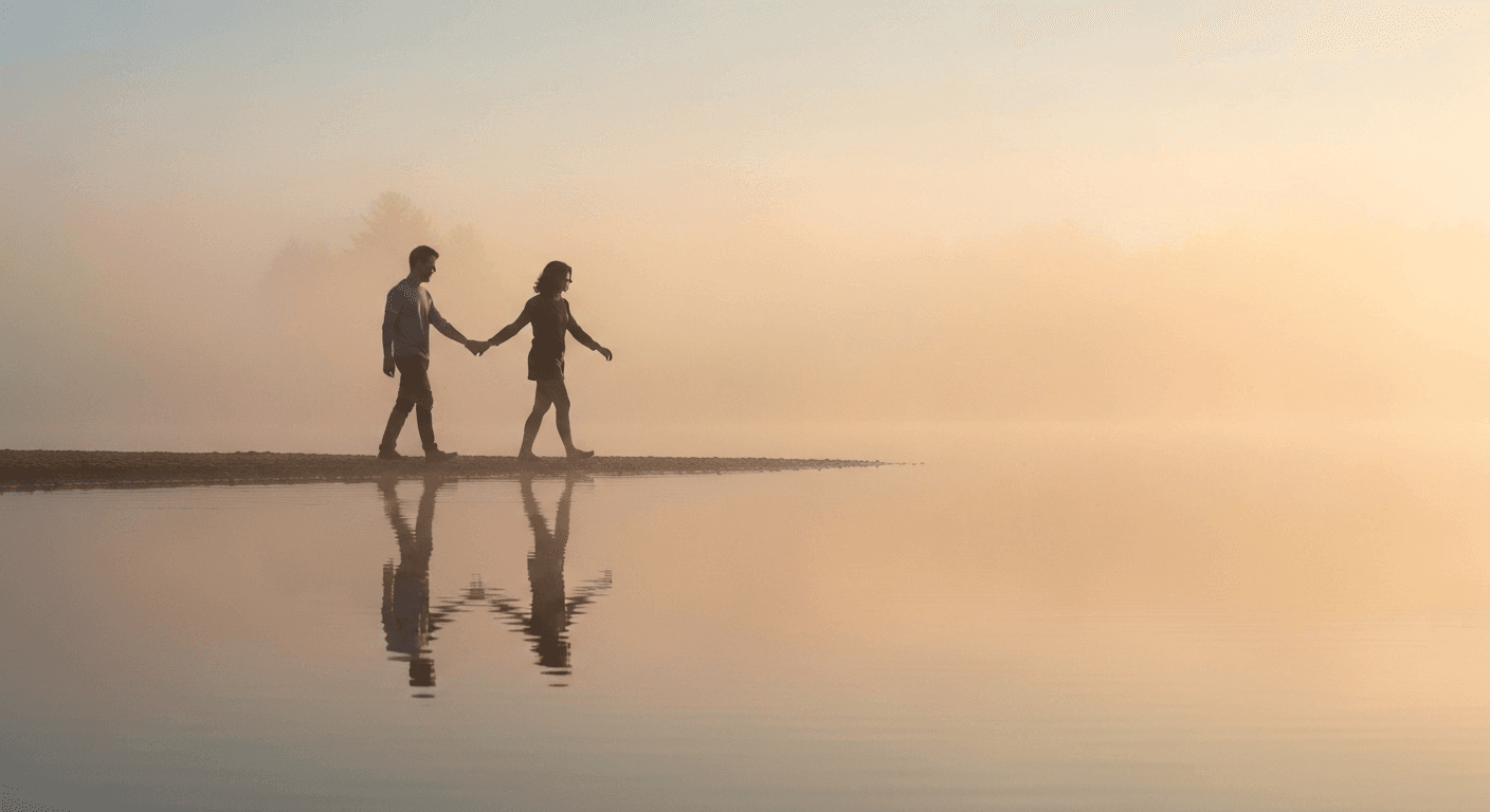 Two silhouettes walking hand-in-hand by misty lake. Two silhouettes walking hand-in-hand by misty lake.