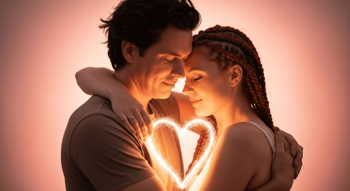 Two people embracing with glowing heart connection. Two people embracing with glowing heart connection.