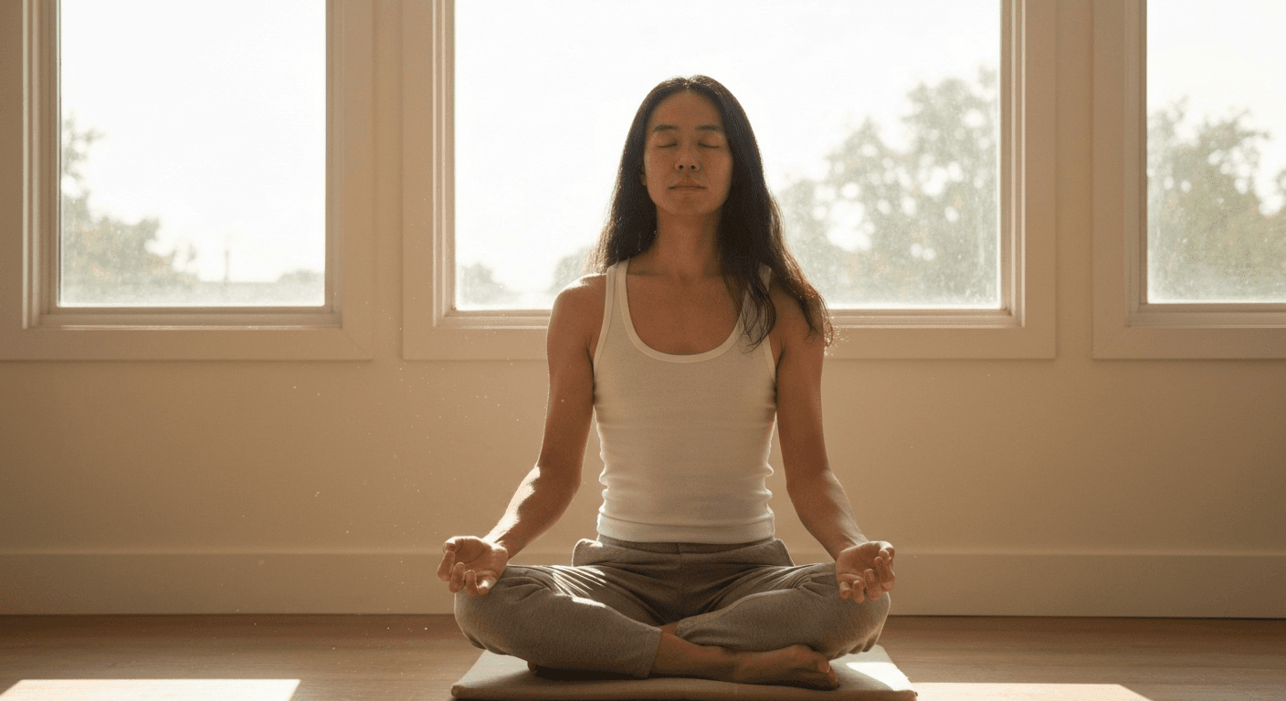 Person meditating peacefully in natural window light. Person meditating peacefully in natural window light.