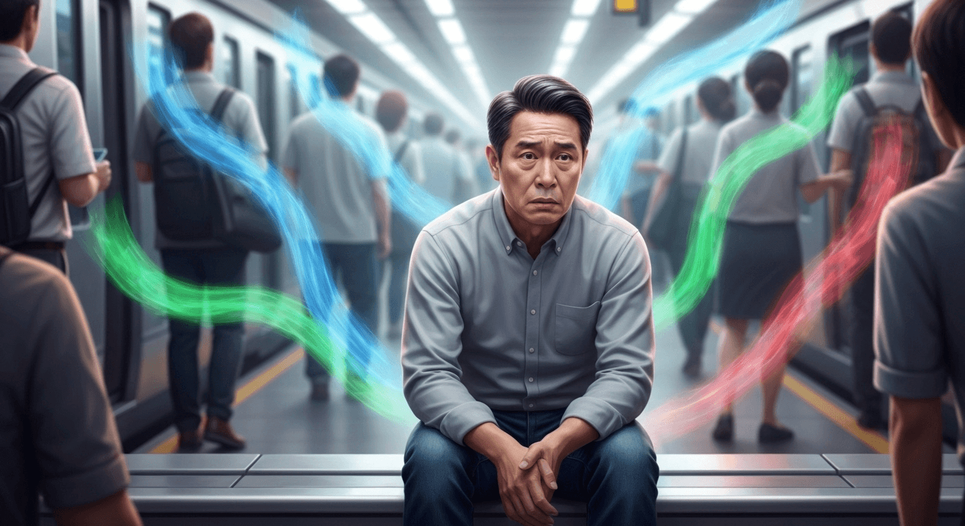 Person overwhelmed by emotional auras in subway. Person overwhelmed by emotional auras in subway.