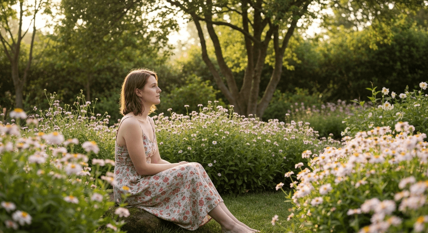 Person sitting peacefully in flowering garden sanctuary. Person sitting peacefully in flowering garden sanctuary.