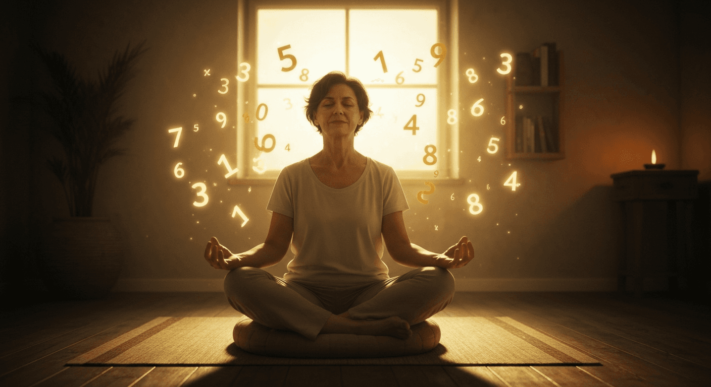 Person meditating surrounded by floating glowing mathematical symbols. Person meditating surrounded by floating glowing mathematical symbols.
