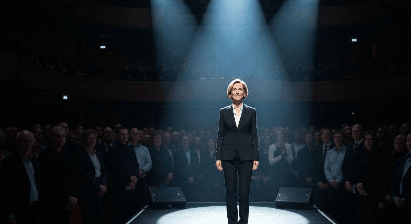 Confident person center stage spotlight admiring crowd. Confident person center stage spotlight admiring crowd.