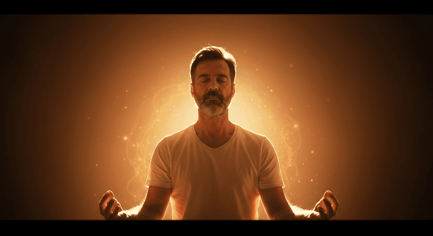 Person meditating in golden sunlight, expressing peace. Person meditating in golden sunlight, expressing peace.