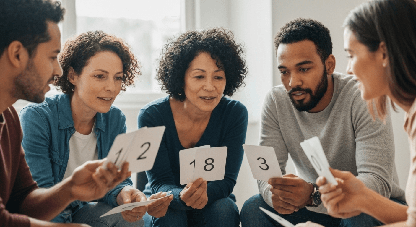 Diverse people discussing numerology with number cards. Diverse people discussing numerology with number cards.
