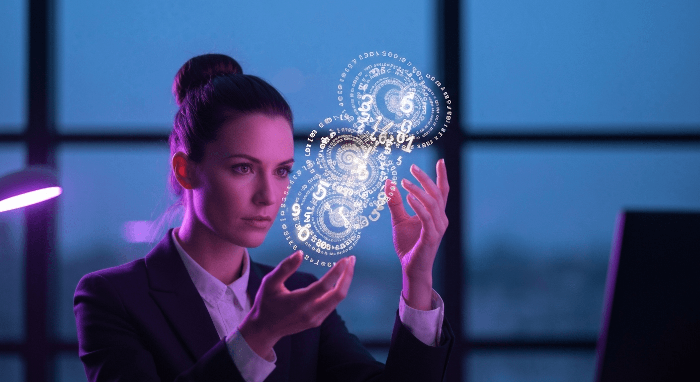 Woman examining glowing calculations floating above hands. Woman examining glowing calculations floating above hands.