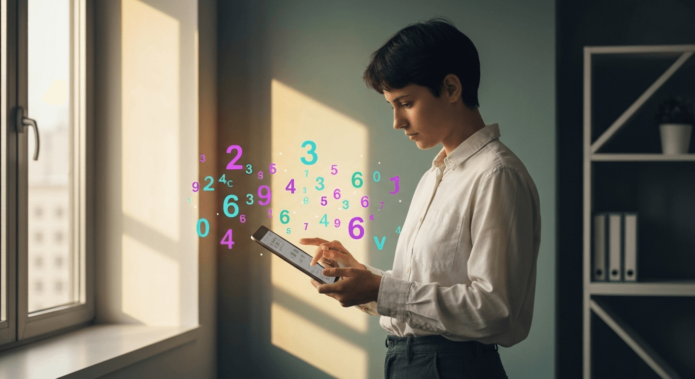 People around glowing screens showing numerology calculations. People around glowing screens showing numerology calculations.
