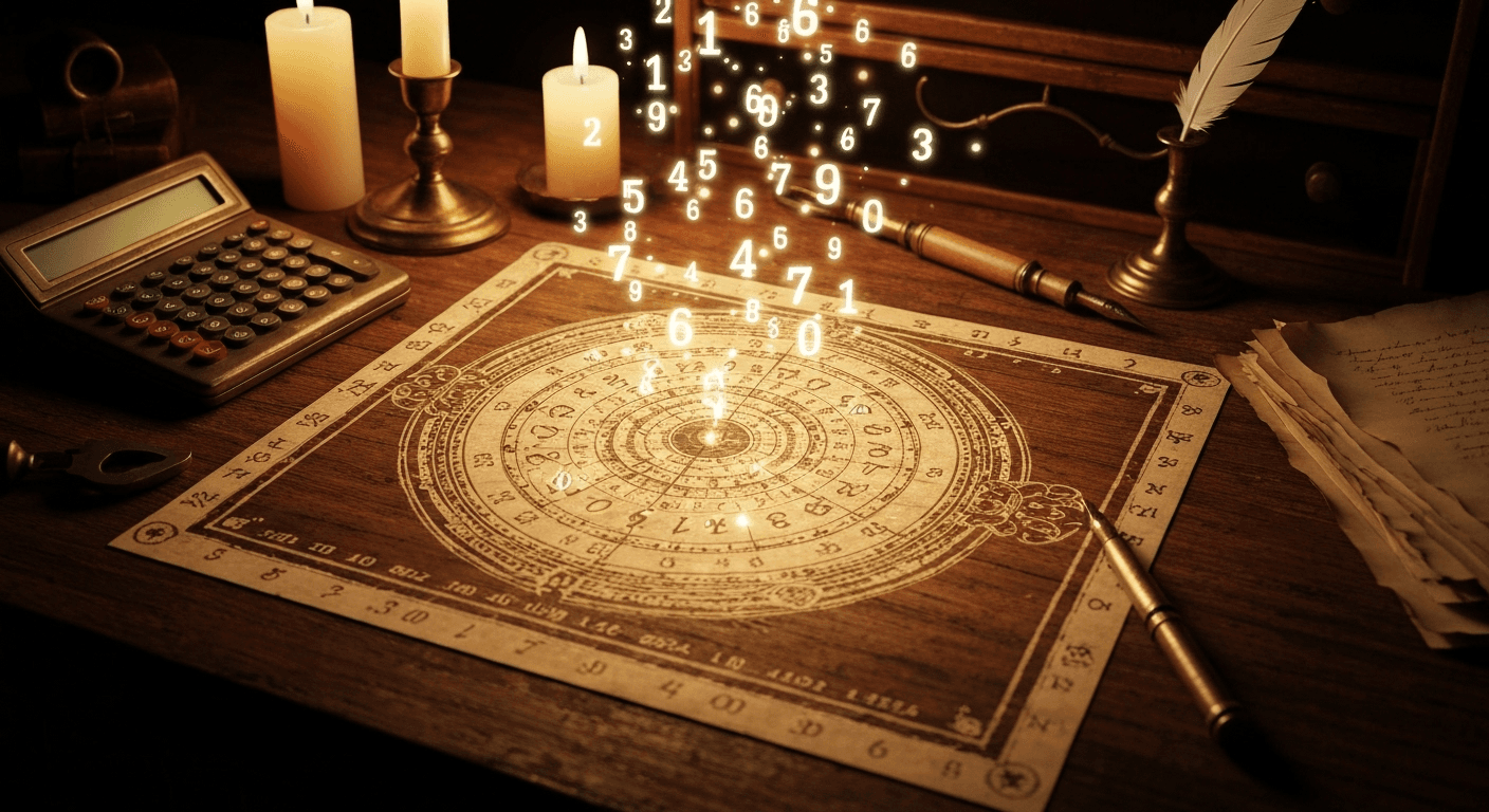 Numerology chart with glowing numbers on desk. Numerology chart with glowing numbers on desk.