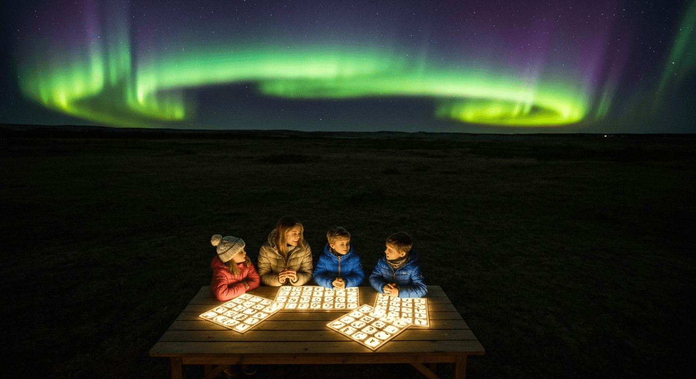 Family around wooden table under starlight illumination. Family around wooden table under starlight illumination.
