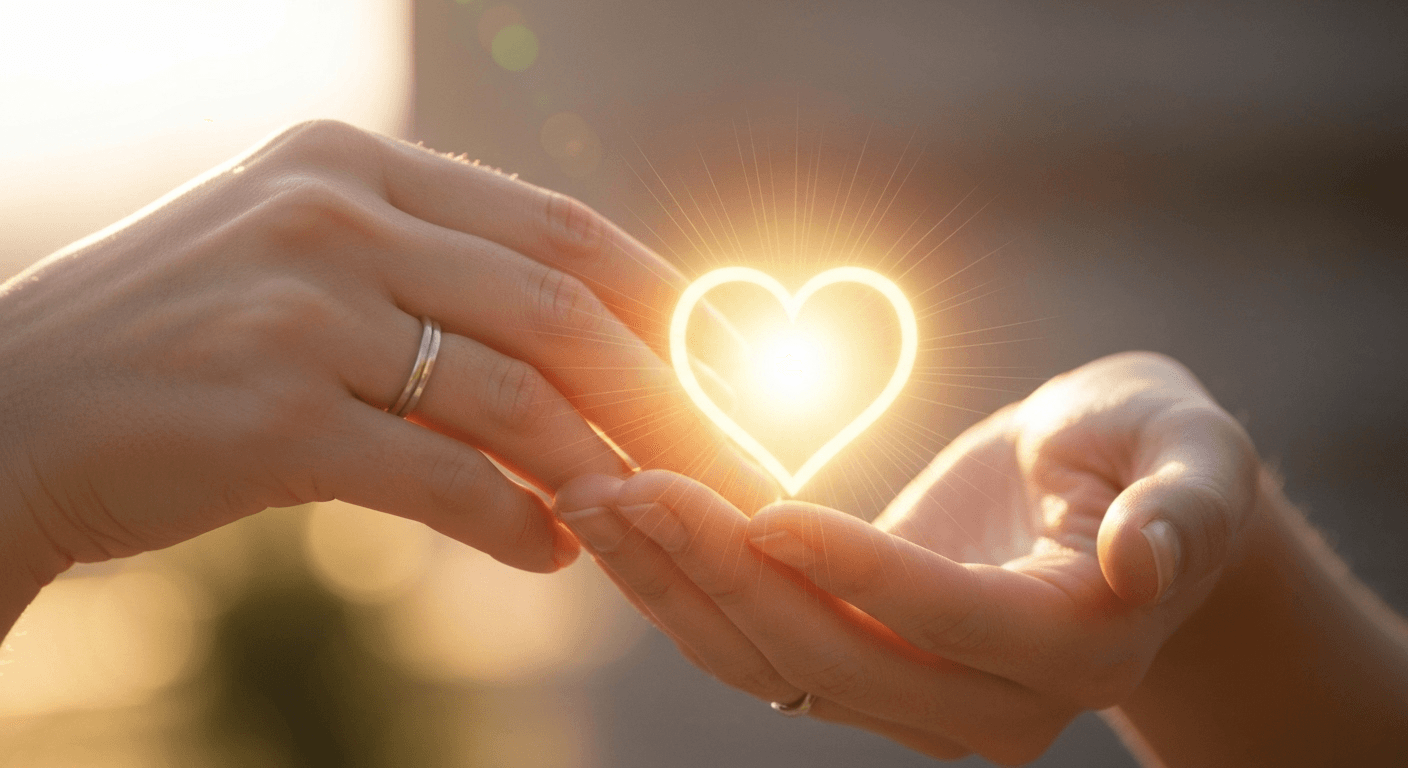 Hands holding glowing heart symbol, warm light. Hands holding glowing heart symbol, warm light.