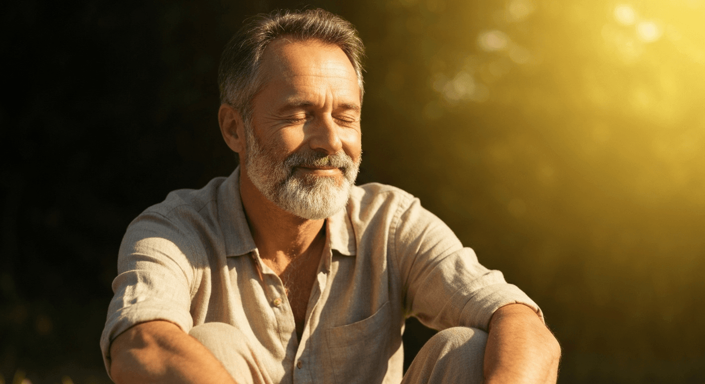 Person smiling peacefully in warm golden sunlight. Person smiling peacefully in warm golden sunlight.