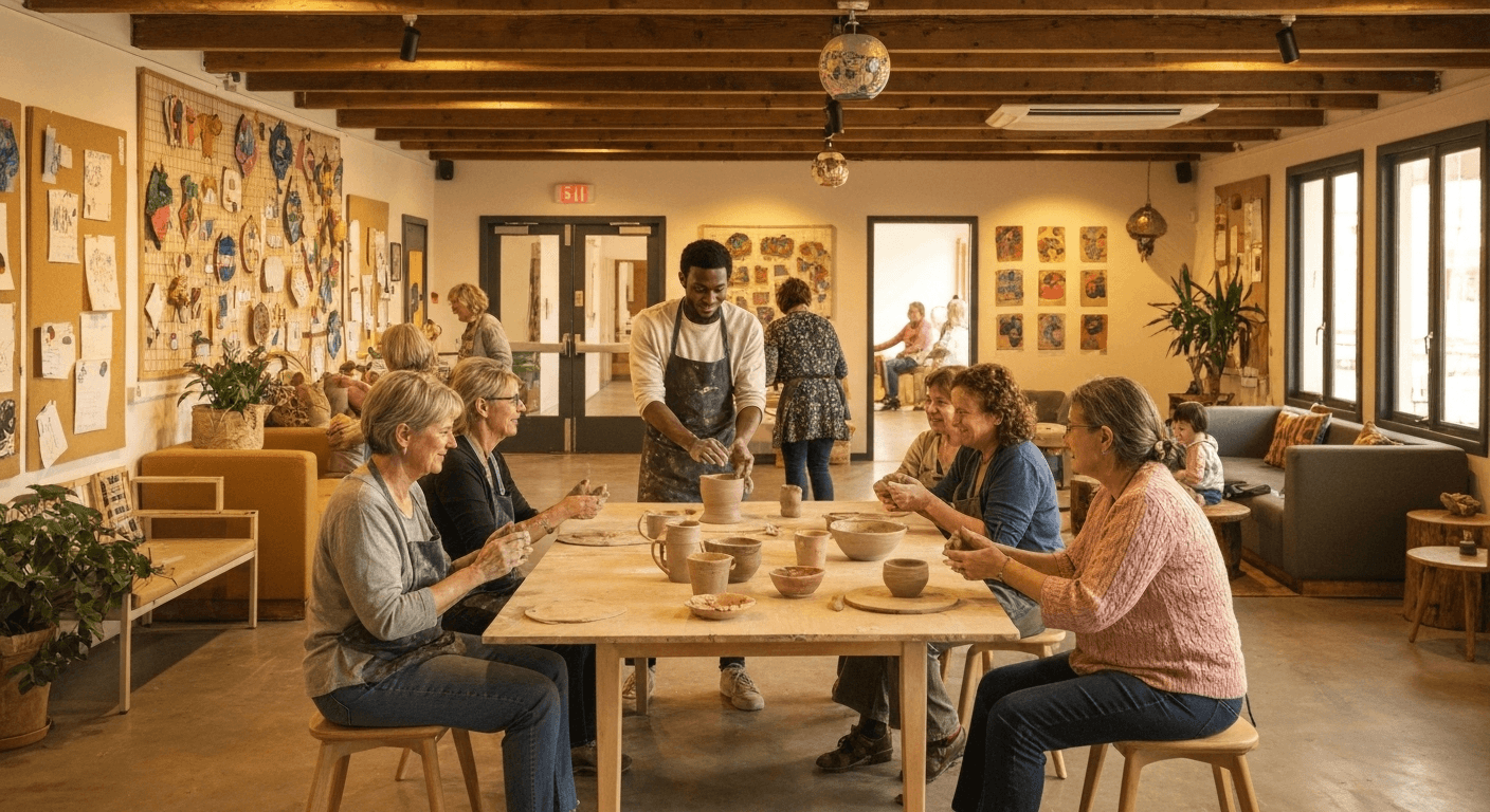 Community space with people teaching during golden hour. Community space with people teaching during golden hour.