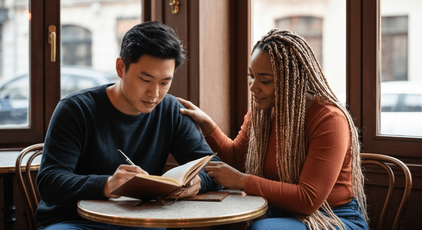 Two friends writing, talking in cozy café. Two friends writing, talking in cozy café.