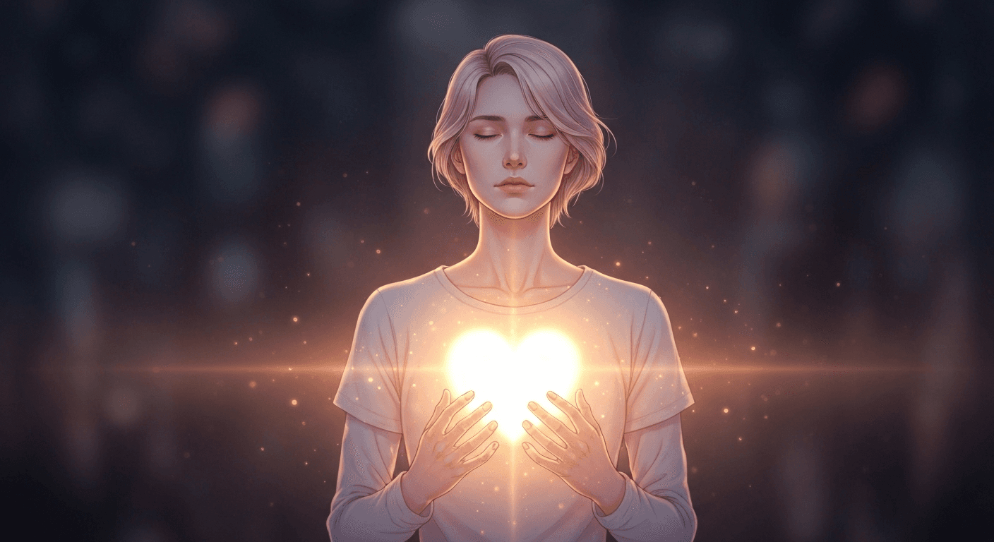 Glowing heart-shaped light from person's chest area. Glowing heart-shaped light from person's chest area.