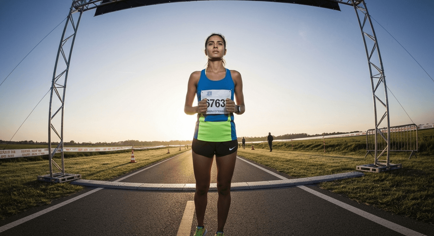 Individual at starting line, morning light ahead. Individual at starting line, morning light ahead.