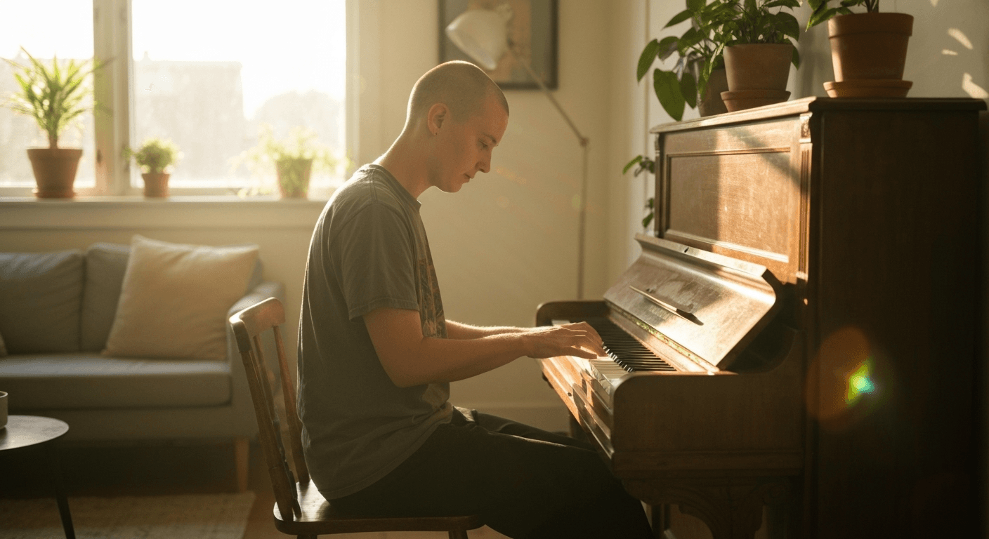 Person playing vintage piano in warm sunlight. Person playing vintage piano in warm sunlight.