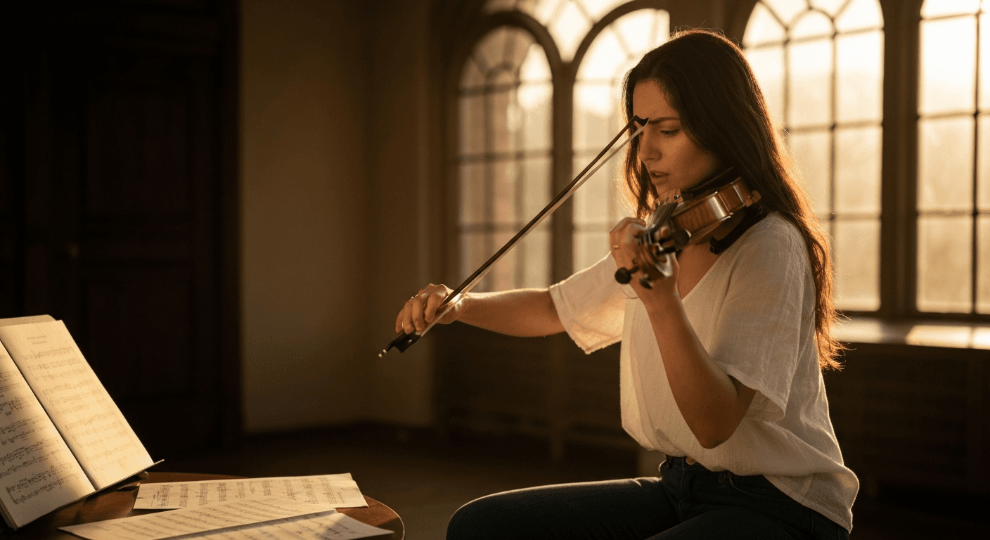 Person practicing violin in sunlit room alone. Person practicing violin in sunlit room alone.