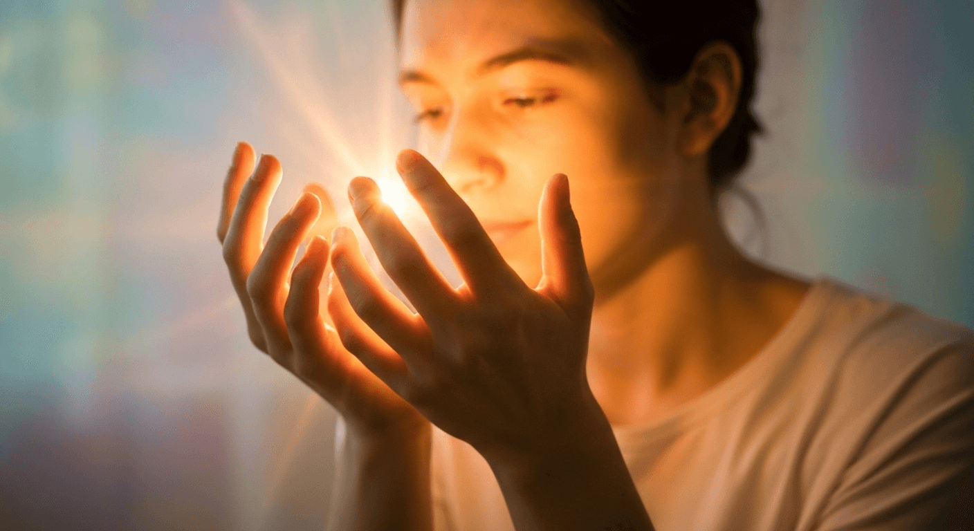 Hands cupping warm golden light, illuminated face. Hands cupping warm golden light, illuminated face.
