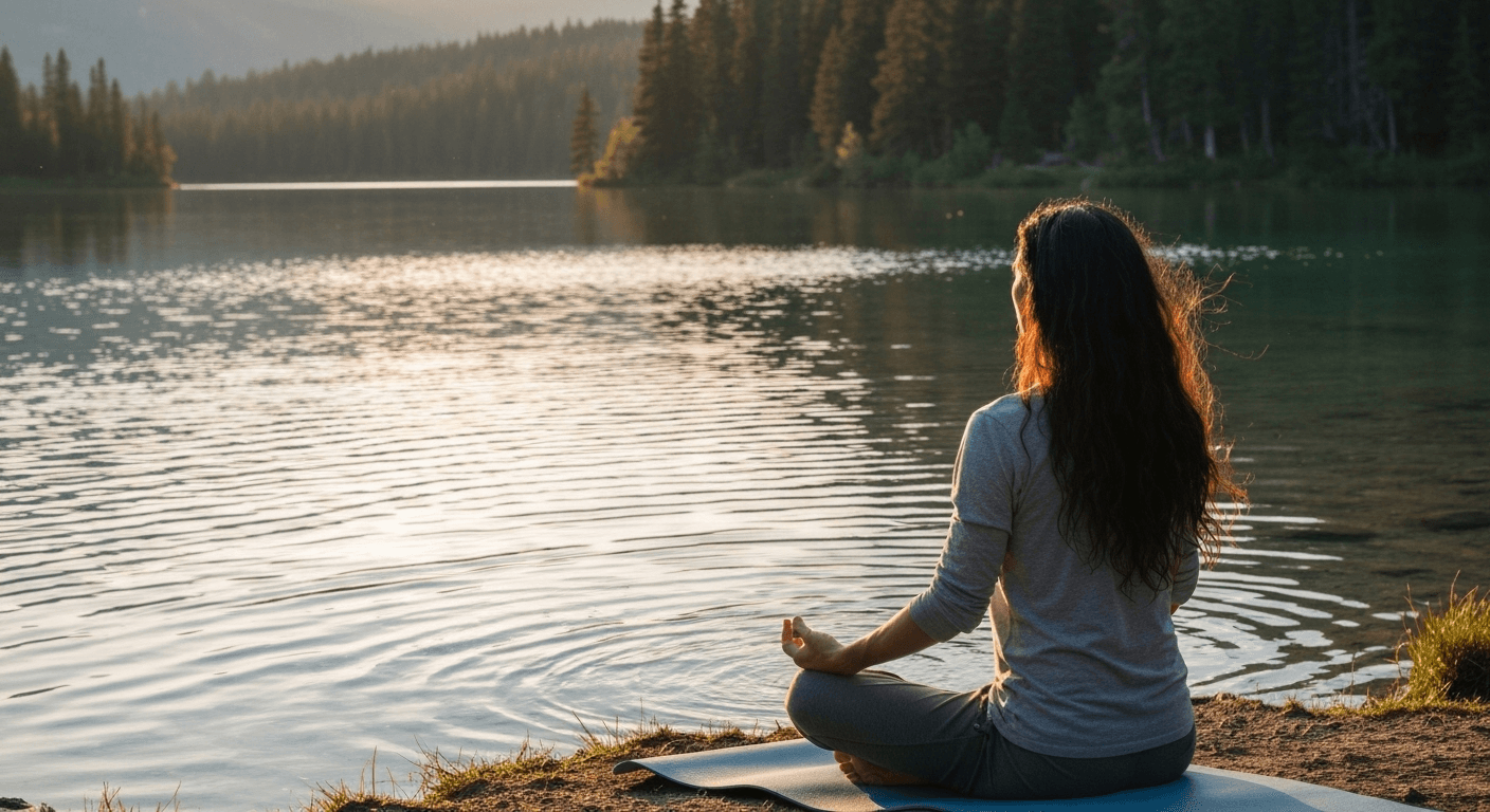 Person meditating by mountain lake at golden hour. Person meditating by mountain lake at golden hour.