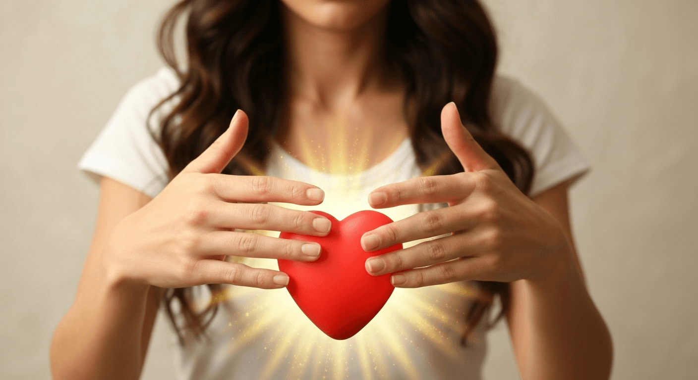 Hands over heart with golden healing light. Hands over heart with golden healing light.