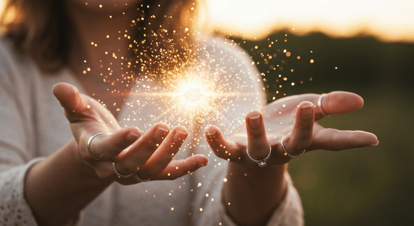 Hands releasing glowing light dissolving into sparkles. Hands releasing glowing light dissolving into sparkles.