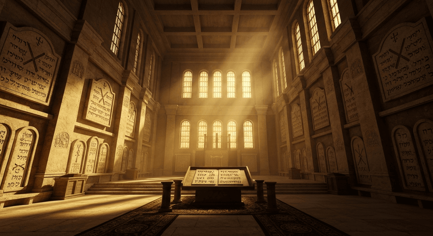 Ancient temple interior with golden light, sacred scrolls. Ancient temple interior with golden light, sacred scrolls.