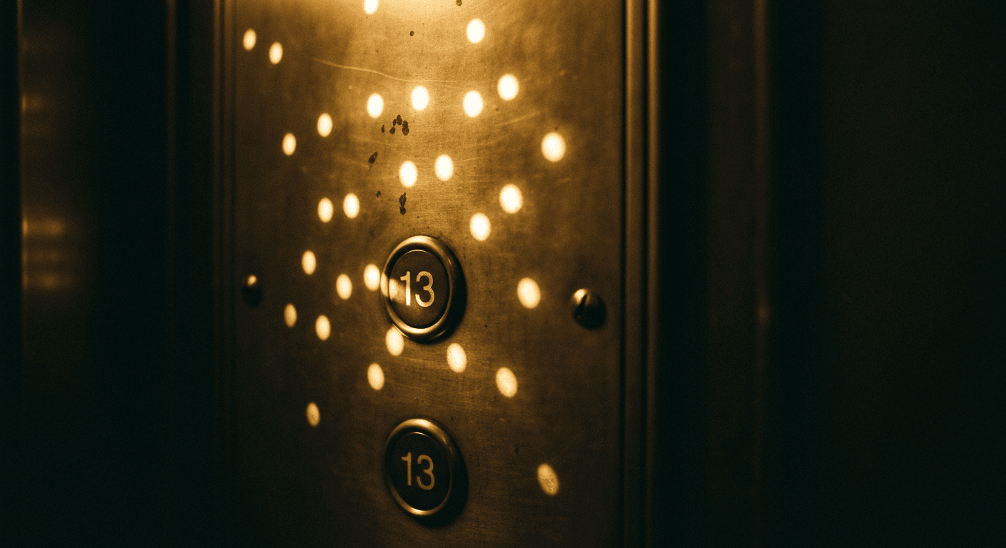 Old elevator panel missing thirteenth floor button. Old elevator panel missing thirteenth floor button.
