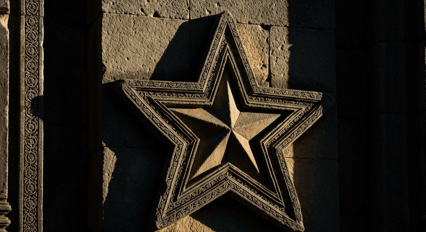 Ornate star carved in ancient stone wall. Ornate star carved in ancient stone wall.