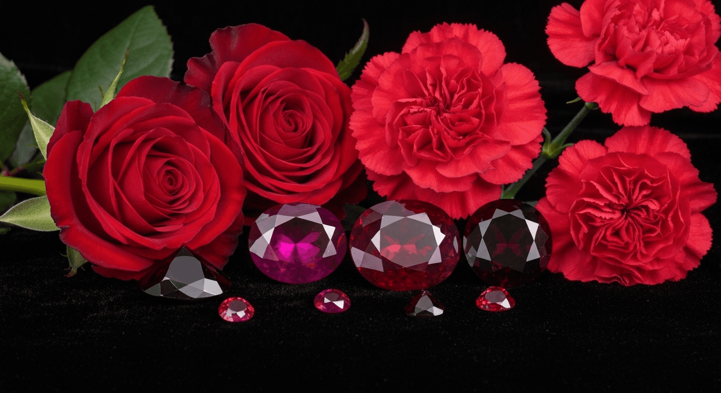 Ruby gemstones with red roses on velvet. Ruby gemstones with red roses on velvet.