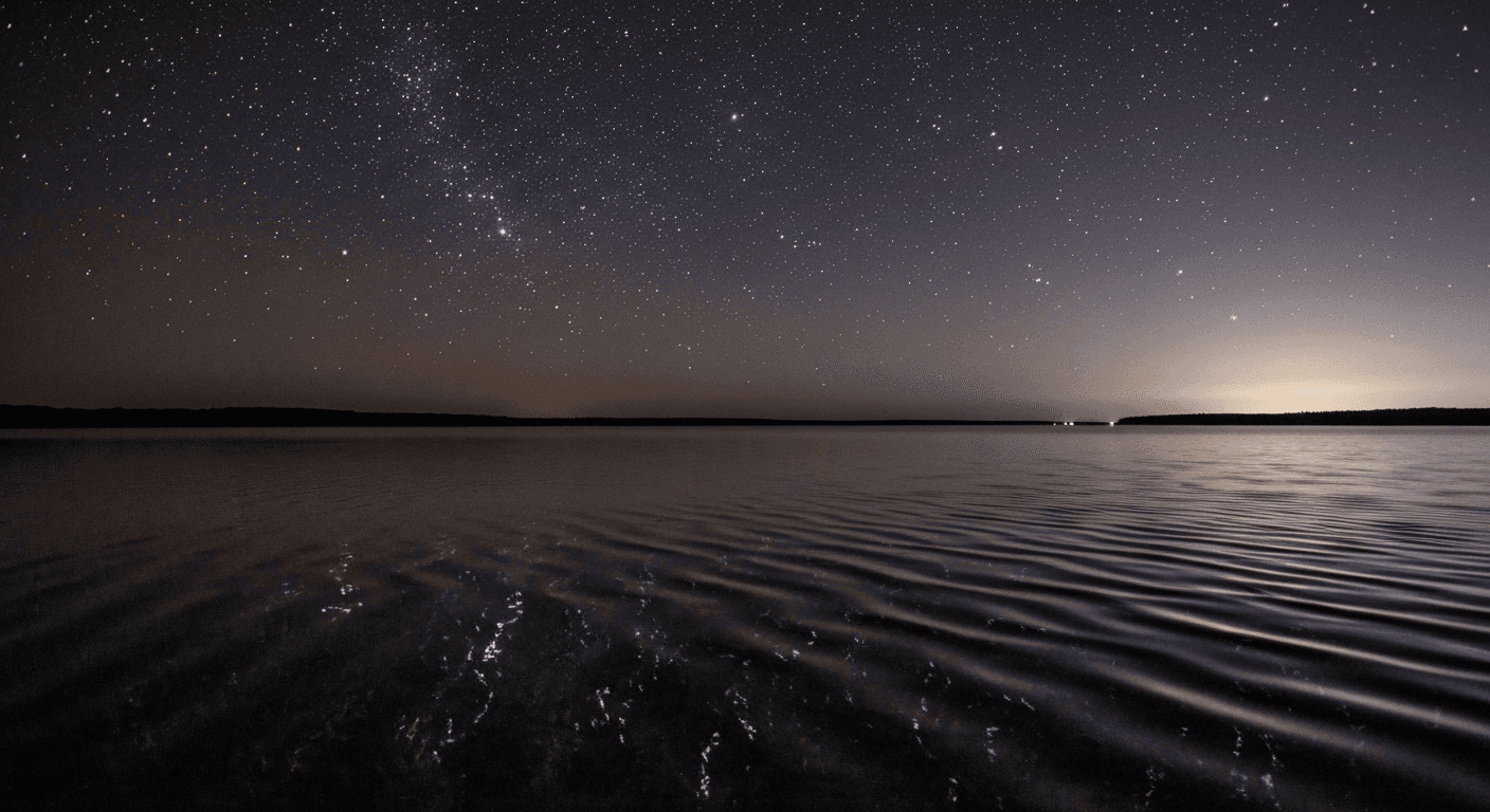Starlight reflecting on rippling water at night. Starlight reflecting on rippling water at night.