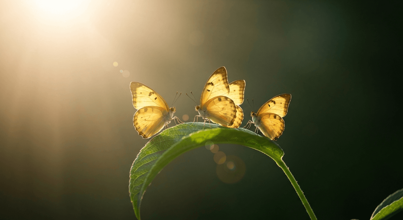 Three golden butterflies on green leaf. Three golden butterflies on green leaf.