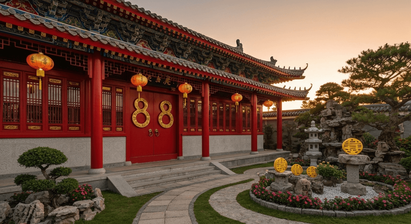 Traditional Chinese house with ornate red doors. Traditional Chinese house with ornate red doors.