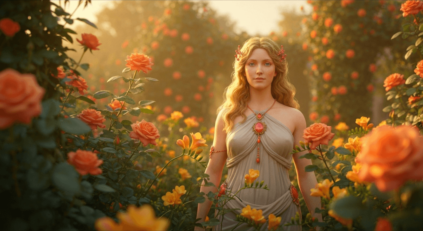 Venus goddess surrounded by orange roses garden. Venus goddess surrounded by orange roses garden.