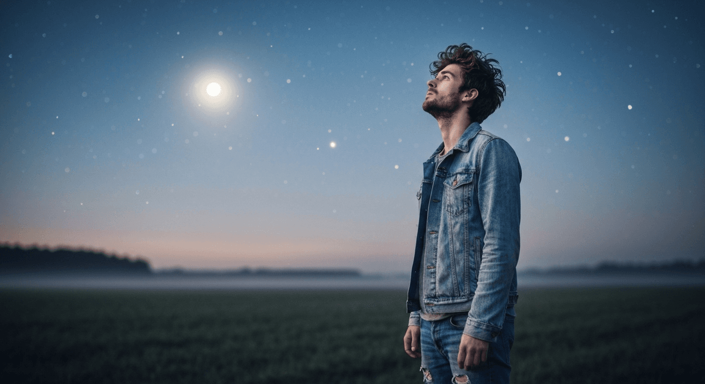 Young man counting stars in moonlit field. Young man counting stars in moonlit field.