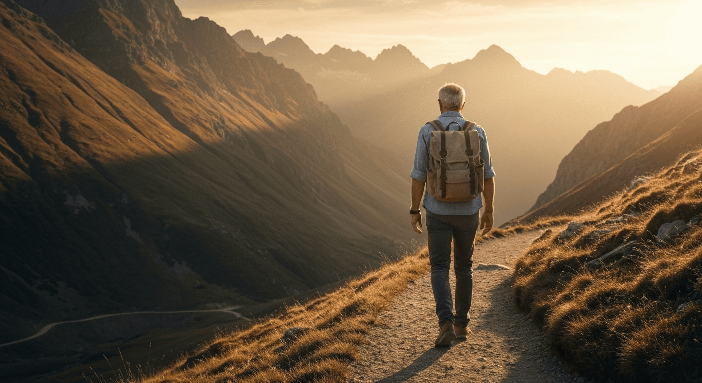 Backpack traveler exploring mountain path golden hour. Backpack traveler exploring mountain path golden hour.