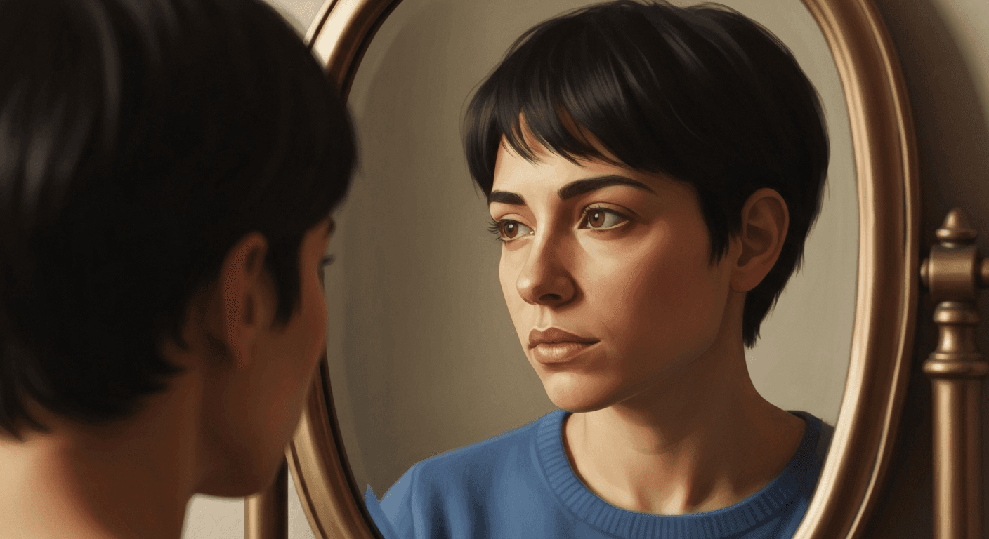 Close-up portrait showing contemplative mirror reflection. Close-up portrait showing contemplative mirror reflection.