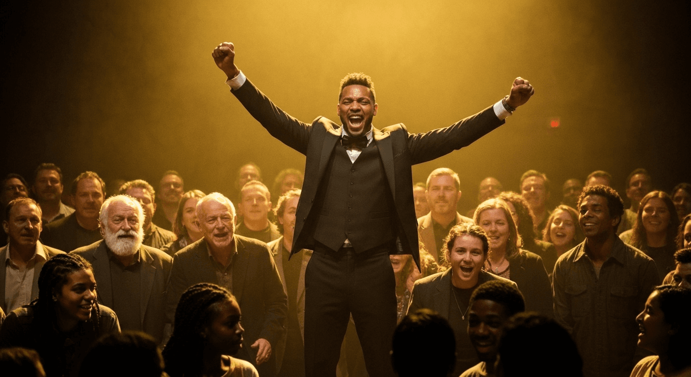 Confident person triumphant center stage golden spotlight. Confident person triumphant center stage golden spotlight.