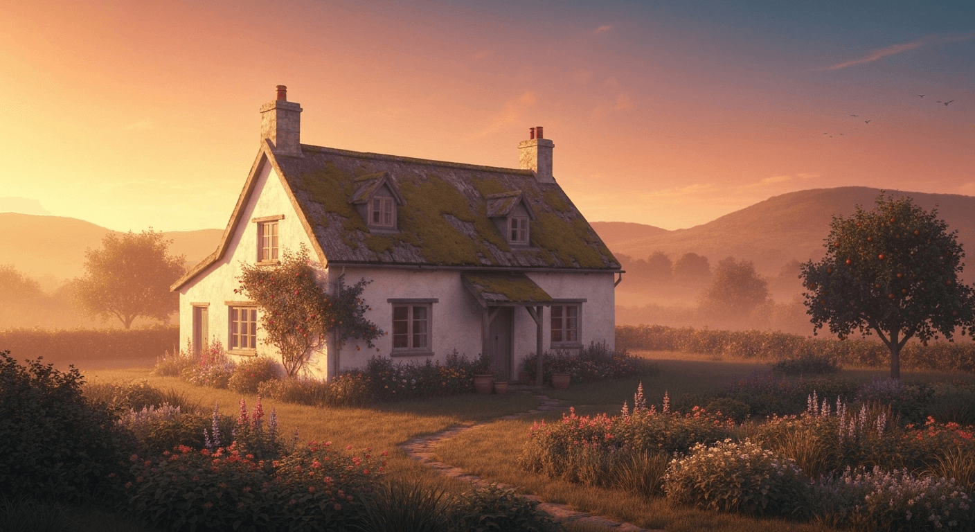 Country cottage surrounded by rolling hills golden hour. Country cottage surrounded by rolling hills golden hour.