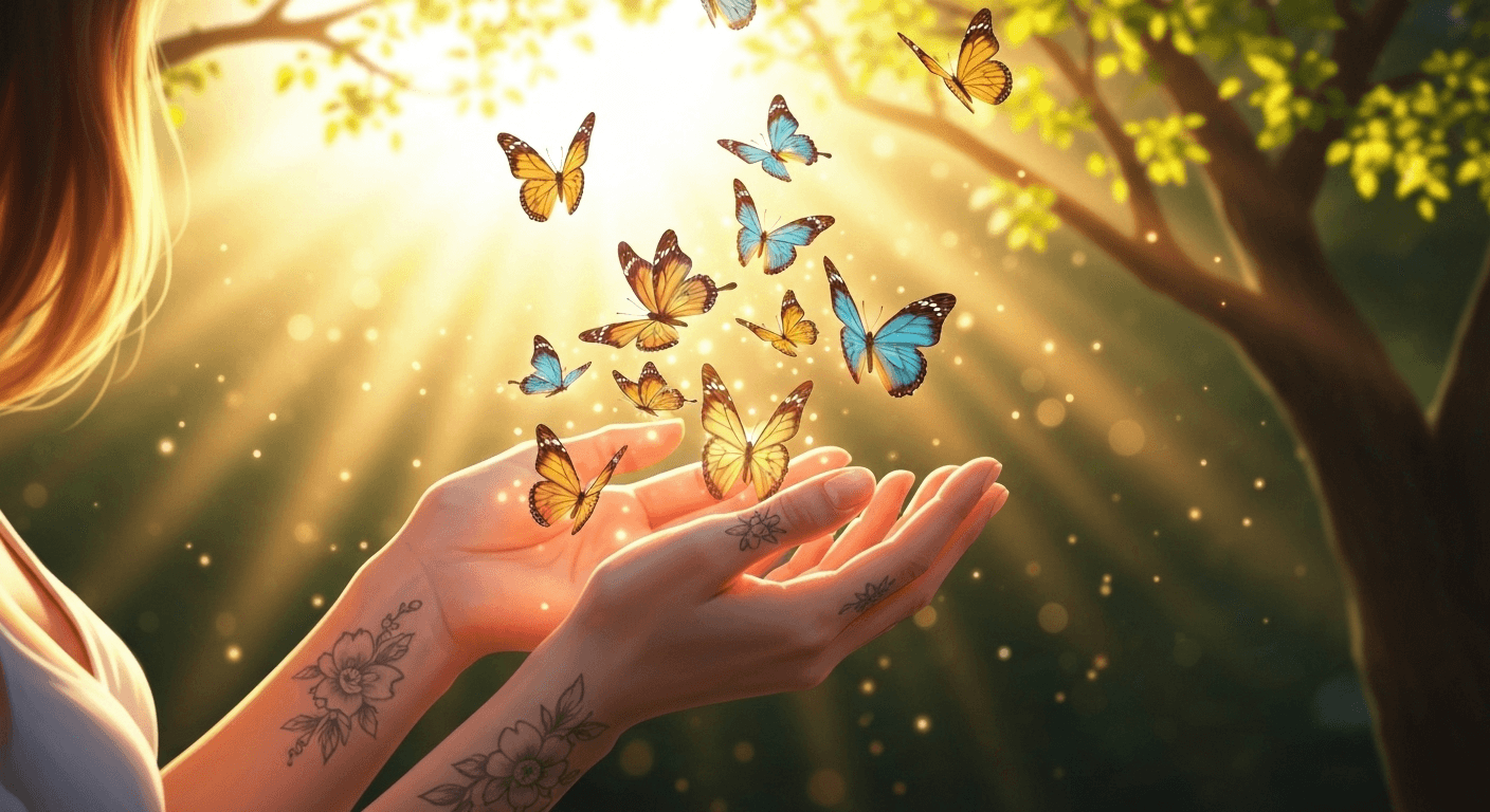 Cupped hands releasing glowing butterflies into sunlight. Cupped hands releasing glowing butterflies into sunlight.