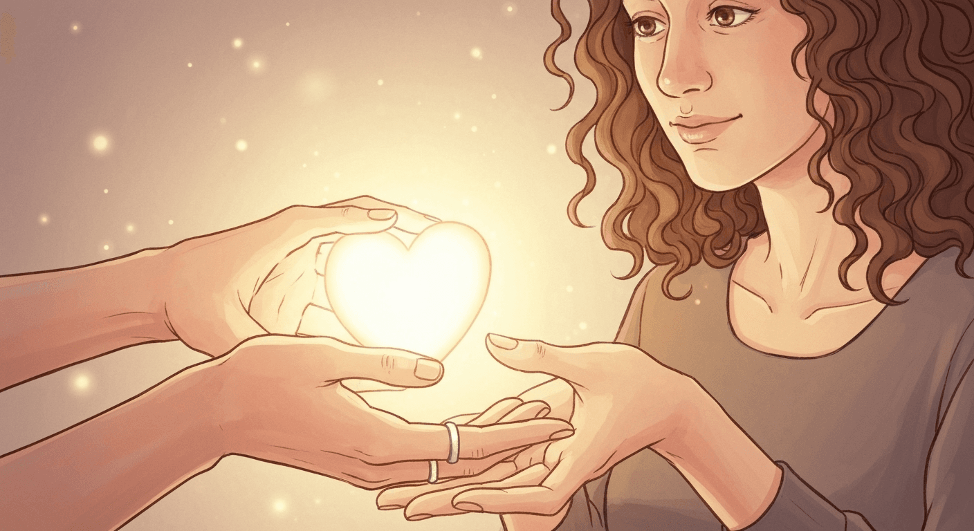 Hands offering glowing heart, unconditional love illustrated. Hands offering glowing heart, unconditional love illustrated.