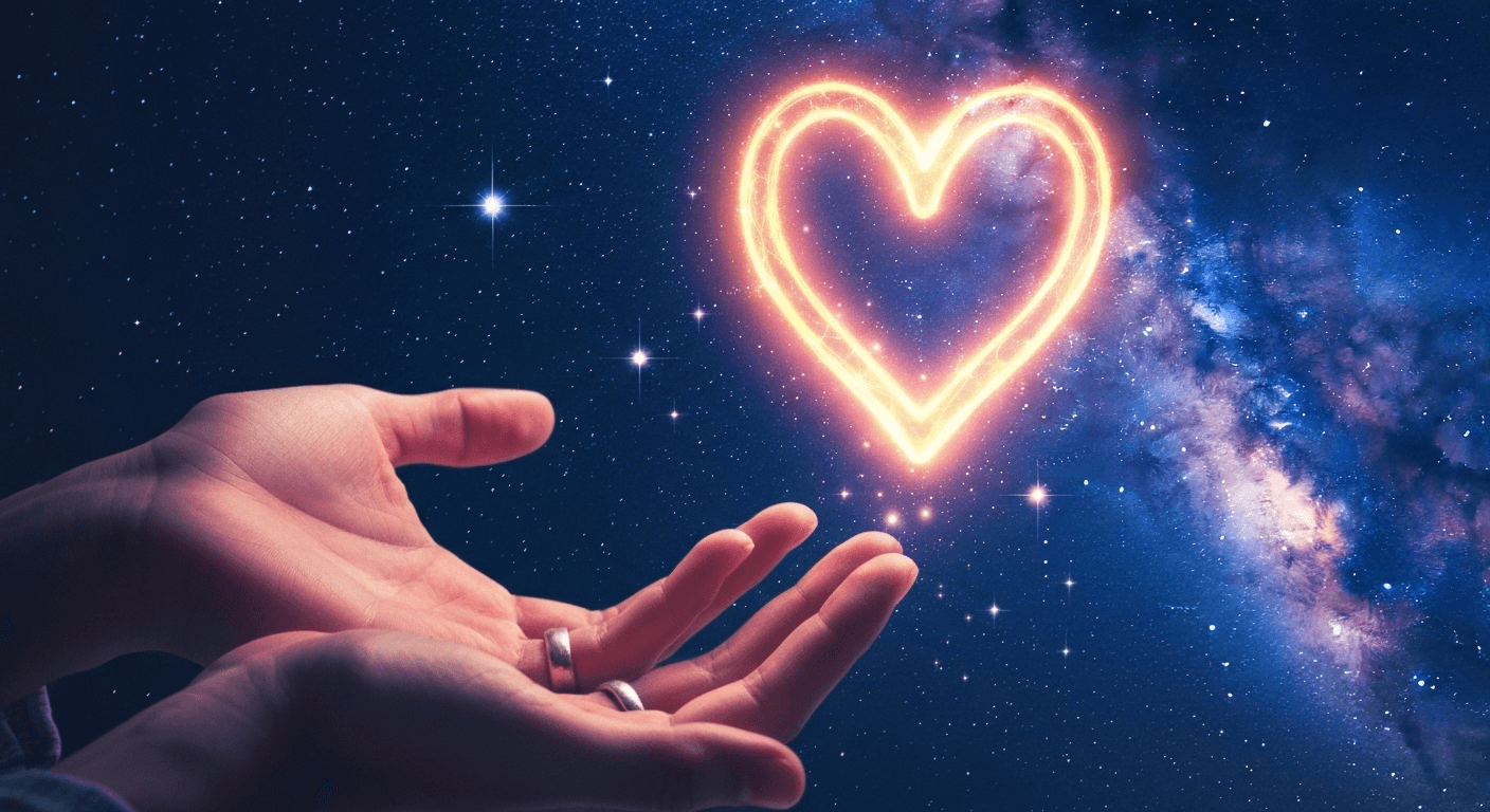 Hands releasing glowing heart into starlit sky. Hands releasing glowing heart into starlit sky.