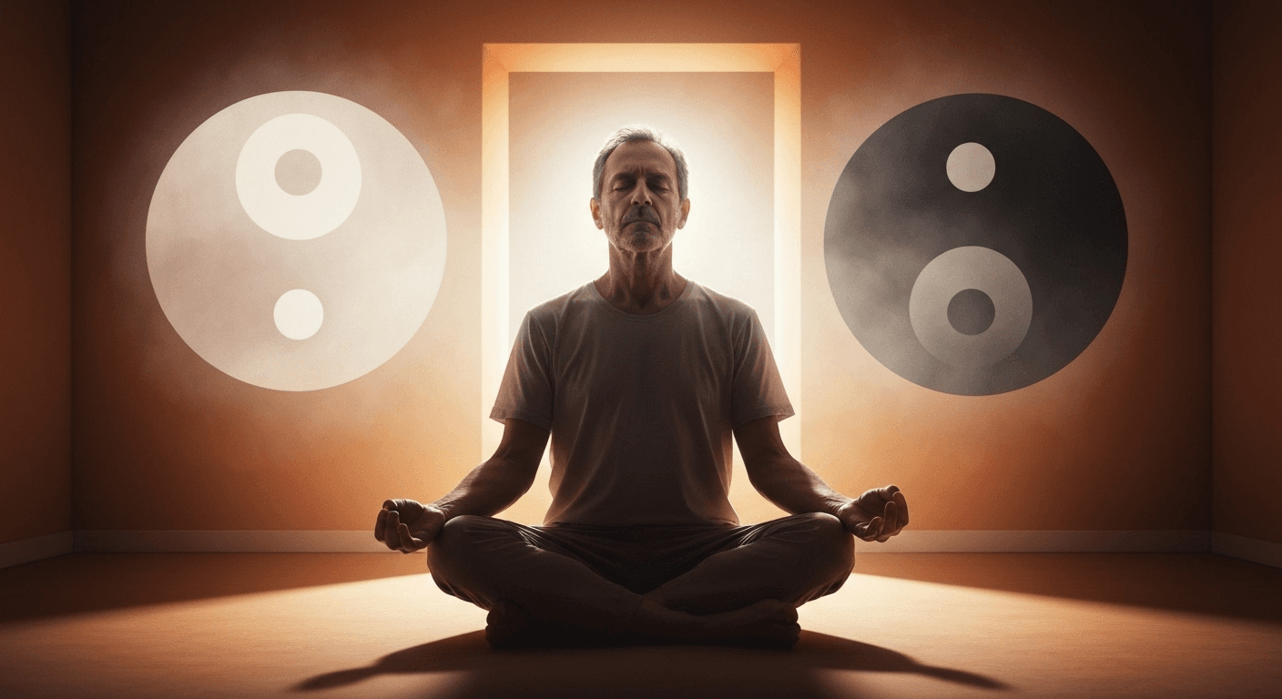Meditating figure surrounded by light-shadow yin-yang symbols. Meditating figure surrounded by light-shadow yin-yang symbols.
