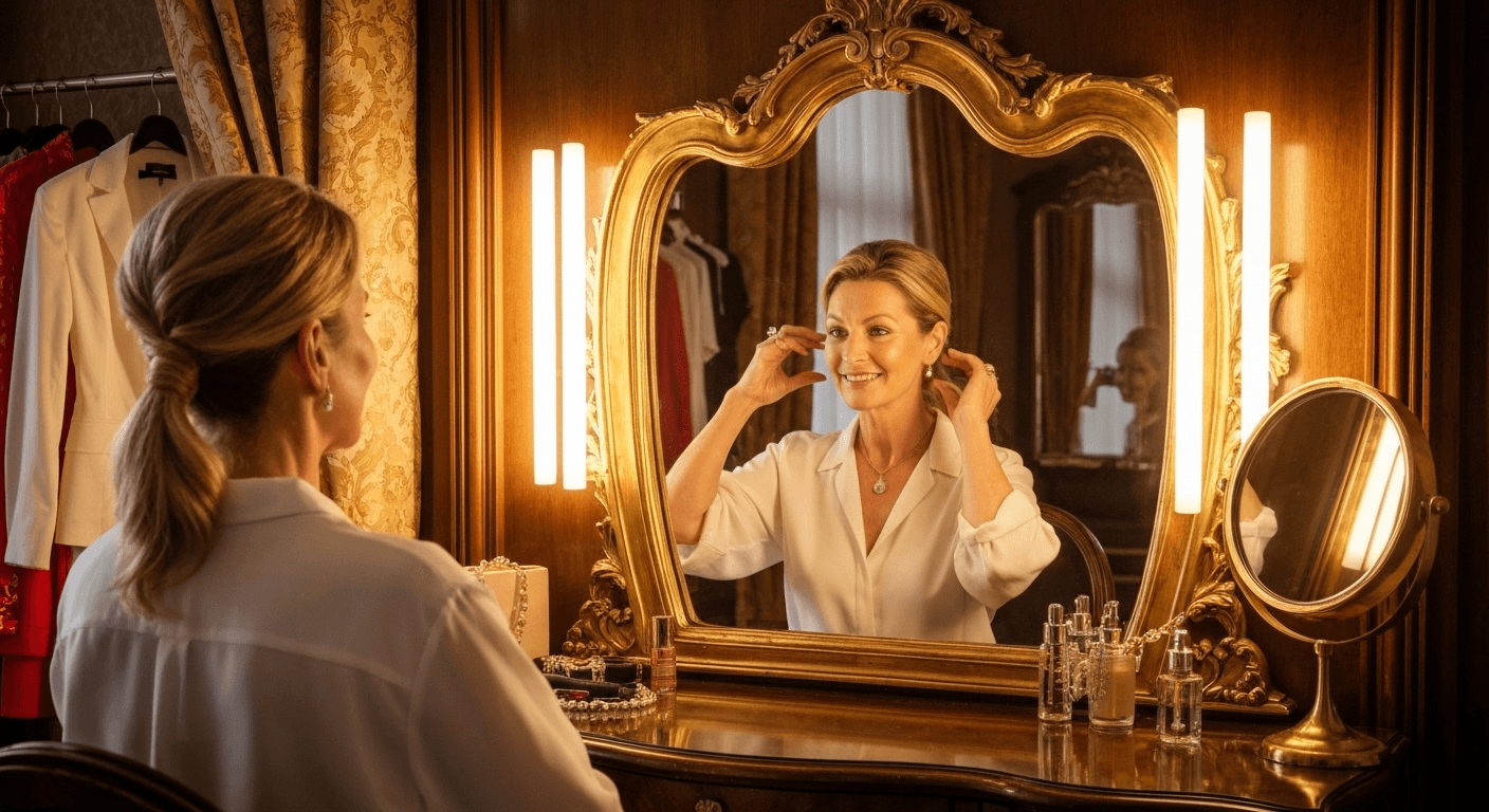 Person adjusting appearance in ornate luxury mirror. Person adjusting appearance in ornate luxury mirror.