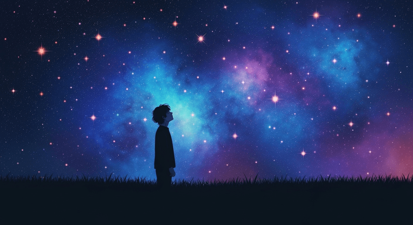 Person silhouetted against starry night sky, illustrated. Person silhouetted against starry night sky, illustrated.