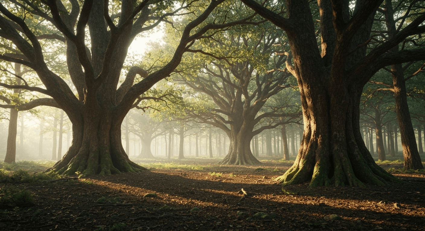 Serene forest clearing with ancient trees, dappled sunlight. Serene forest clearing with ancient trees, dappled sunlight.