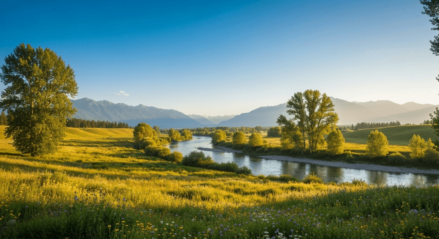 Serene river landscape with lush golden greenery. Serene river landscape with lush golden greenery.